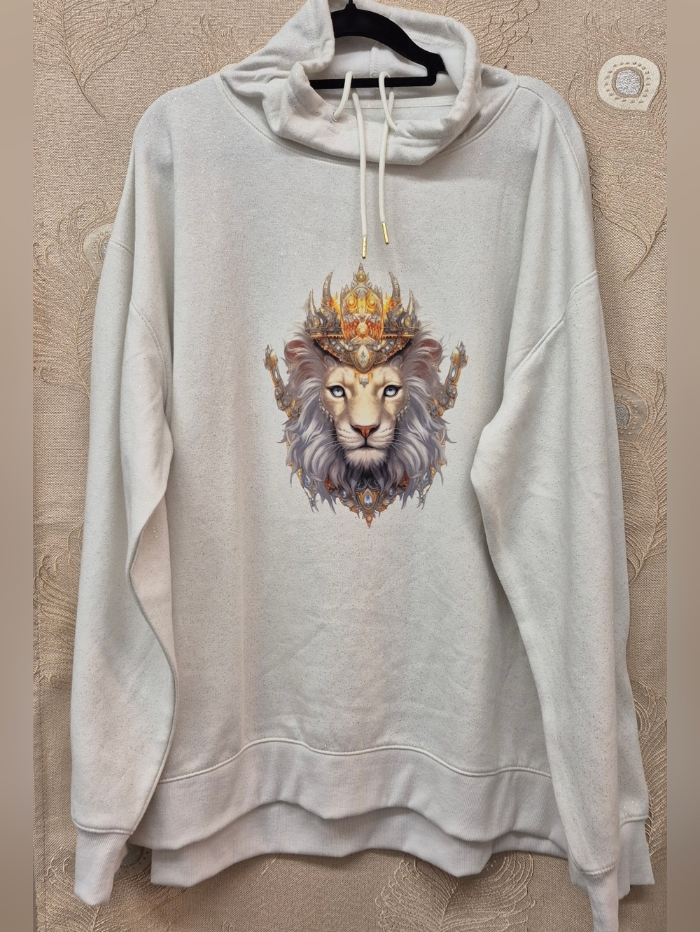Cream Gold Sparkle Sweater Custom Design Regal Lion Crown Graphic XXL